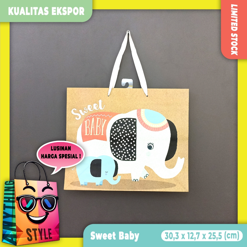 

[ Lusinan ] Paper Bag / Tas Kertas Motif Lucu Imut Gambar Gajah Glitter Kualitas Ekspor untuk Syukuran Kelahiran Bayi | Souvenir | Kado