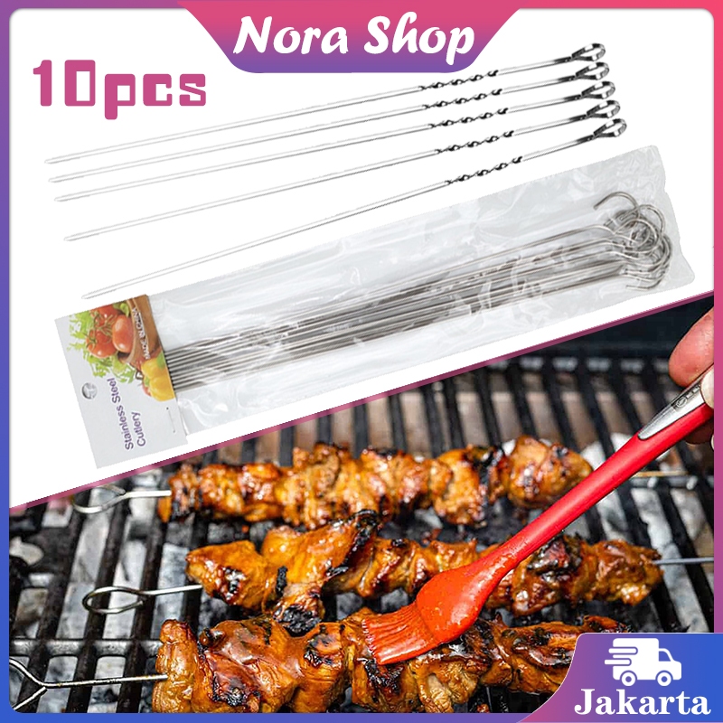 10pcs Tusuk Sate BBQ Stainless Steel Alat Panggang Sate Tusuk Sate Reusable Alat Tusuk Sate