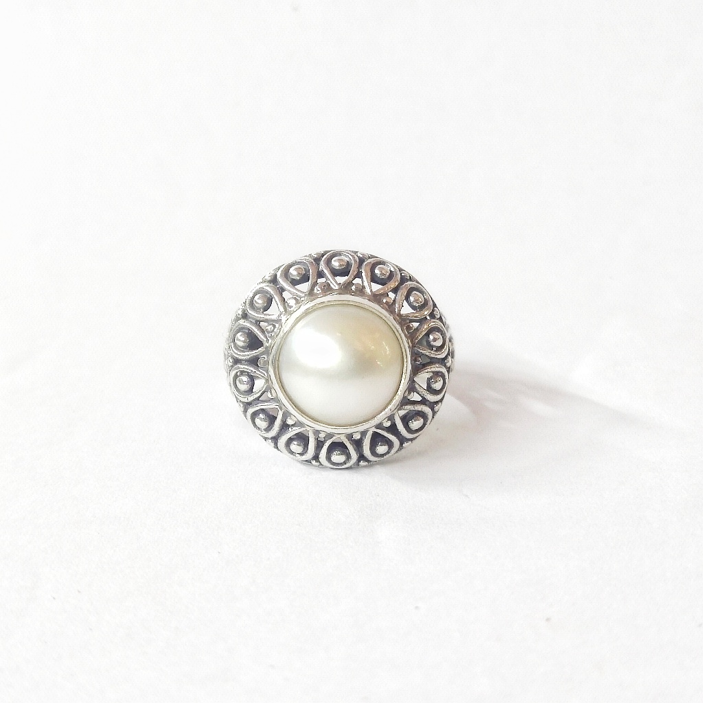 Cincin Ring Perak Silver Bali Polos  Ukir Bunga Mutiara Pearl Putih 925 Wanita Custom Elegan