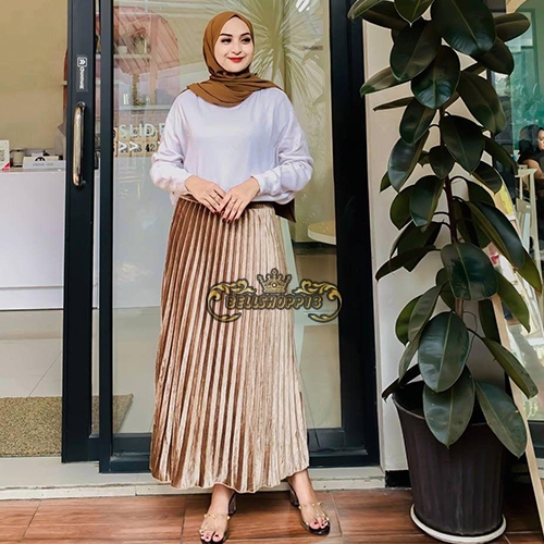 Rok Plisket Panjang COKLAT SUSU // Rok Plisket Bludru Velvet Premium Import