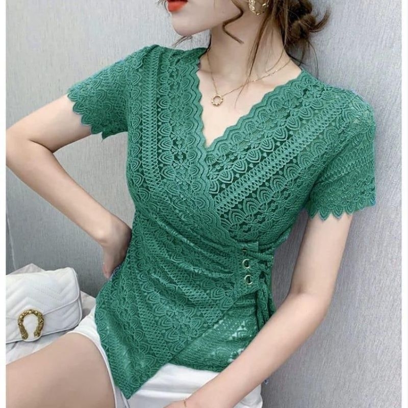 1590 Baju atasan BLOUSE IVANA LACE WRAP VNECK TOP BROKAT lengan pendek Korea Korean style wanita pre