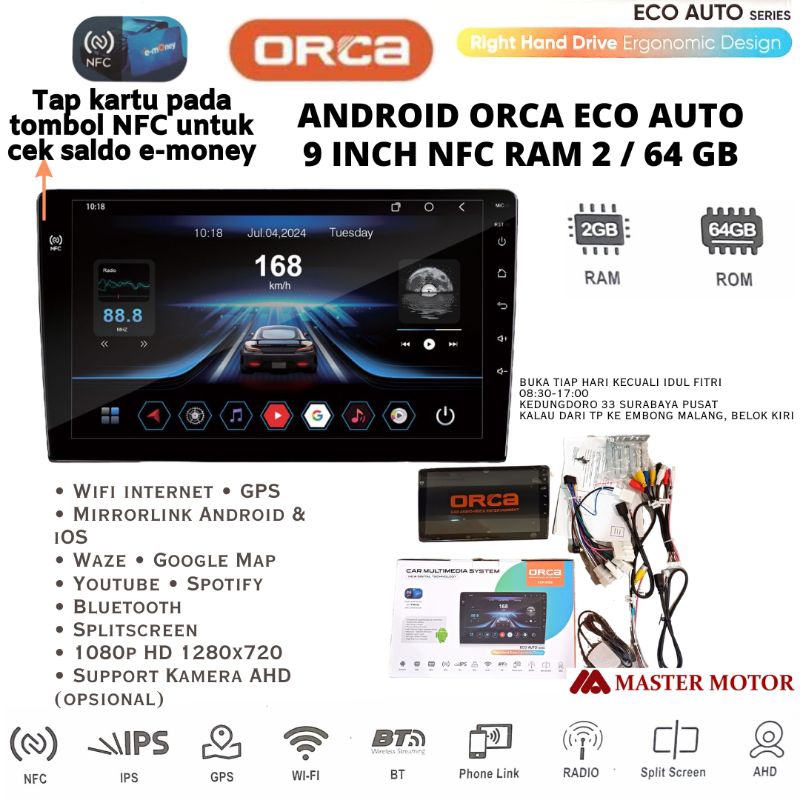 Android Orca ECO AUTO 9" E-TOLL RAM 2/32 GB NFC Head unit RAM 2 ADR 9988 Tape Avanza Innova Xpander 