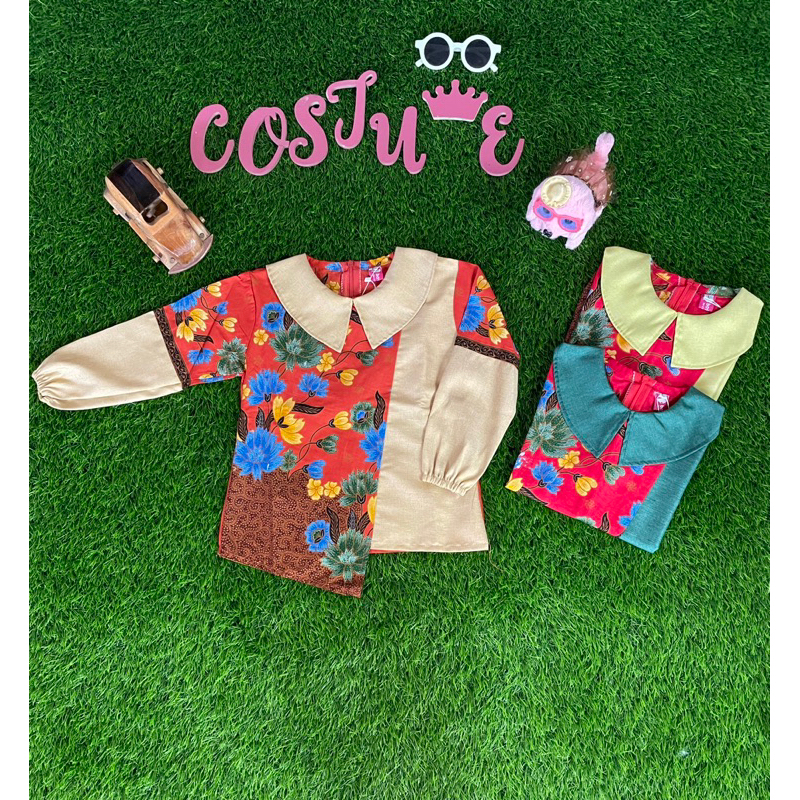Batik Costume Blus Batik Anak Sekolah Lengan Panjang Cewek Merah Bata Bagus Berkerah Simple Atasan B