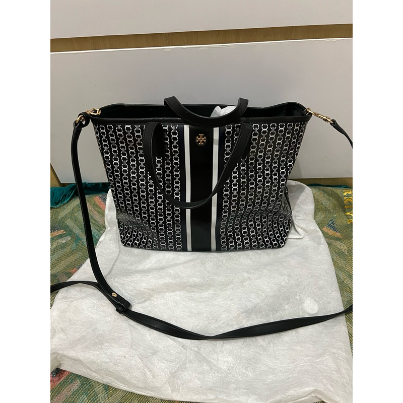 authentic Tory Burch Gemini Tote Small Black Link Stripe