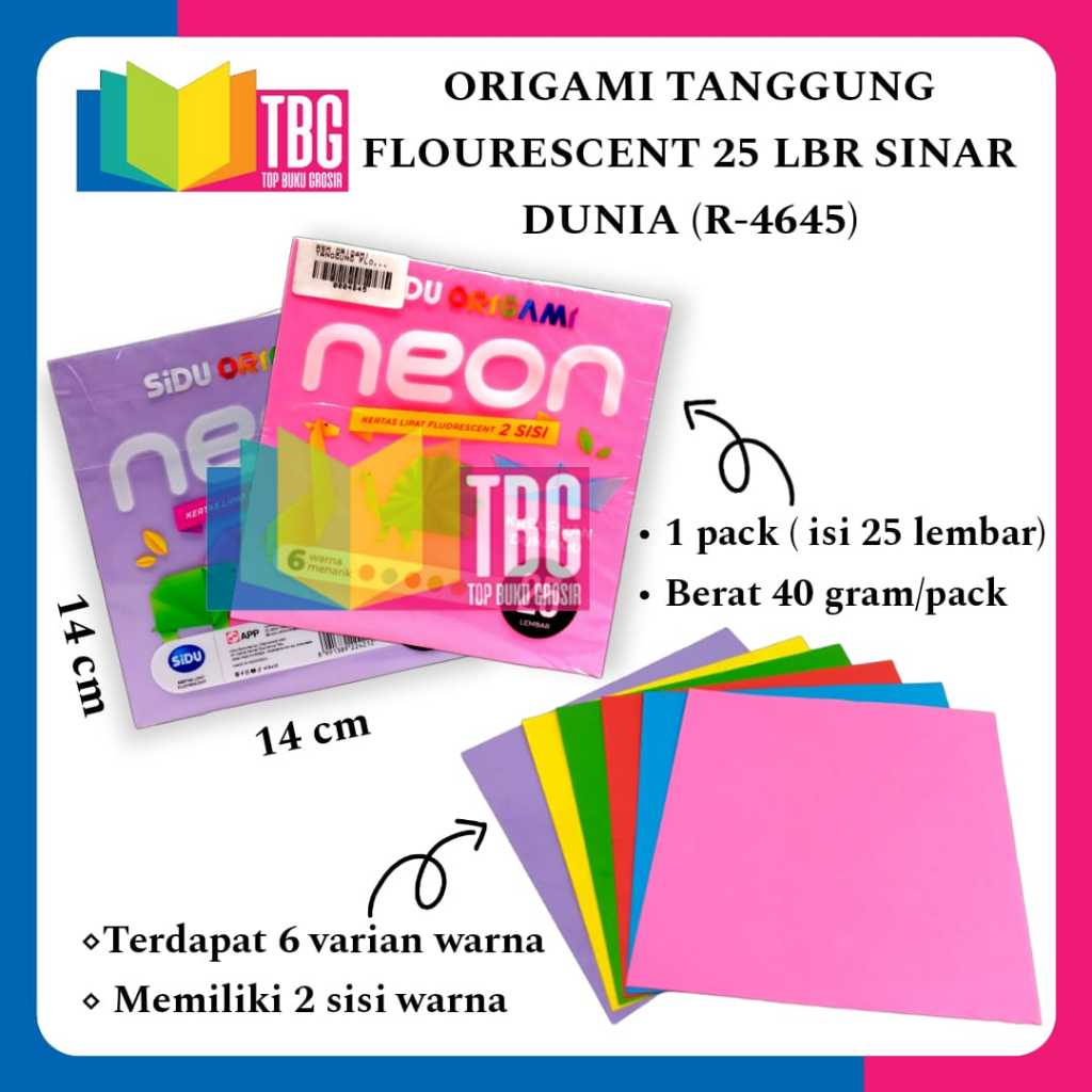 

1 PACK ORIGAMI TANGGUNG FLOURESCENT 25 LBR SINAR DUNIA / KERTAS LIPAT 2 SISI WARNA / DOUBLE SIDE ORIGAMI (R-4645)