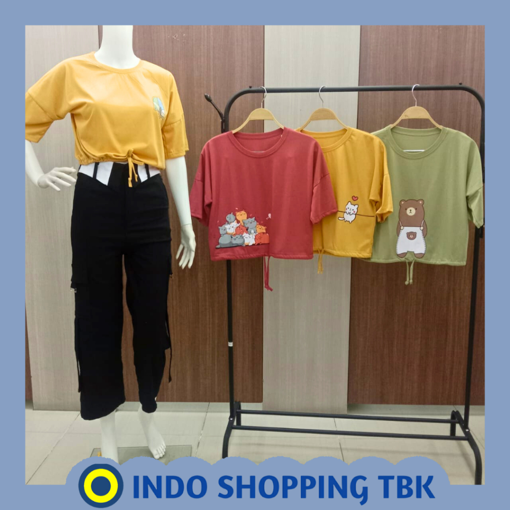 Baju Kaos Crop Lengan Pendek Atasan Wanita Warna Polos Tali Serut Karet Gambar Print Sablon Mix