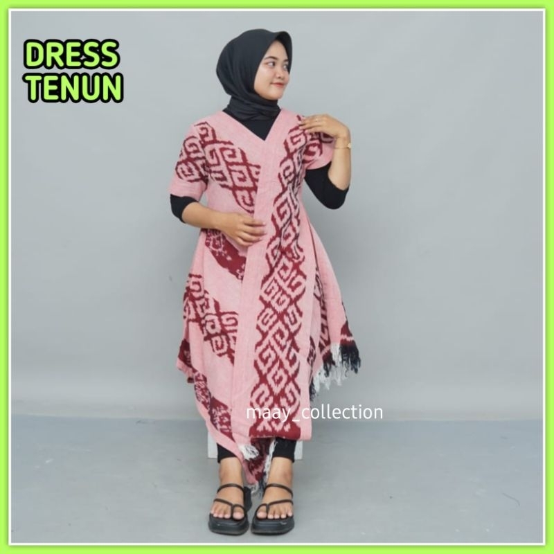 BAJU DRESS TUNIK TENUN ETNIK WANITA JEPARA MOTIF TORAJA WARNA PINK TERBARU