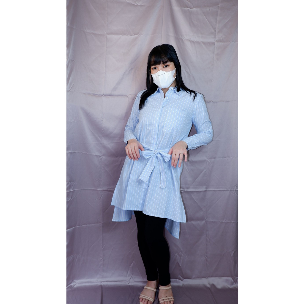 Baju Muslim Tunik Salur Slub Motif Garis All Size + Ikat Pinggang OLC Atasan Wanita