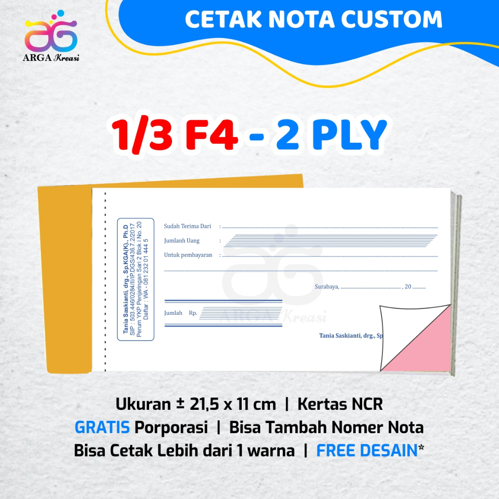 Cetak Kwitansi Custom 2 Ply 1/3 F4 Nota Makanan Warung Restoran Buku Resep Dokter