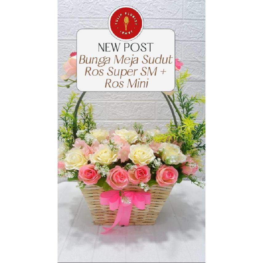 Bunga Meja Sudut Ros Super SM, Anggrek Catelya Pot Keranjang Rotan