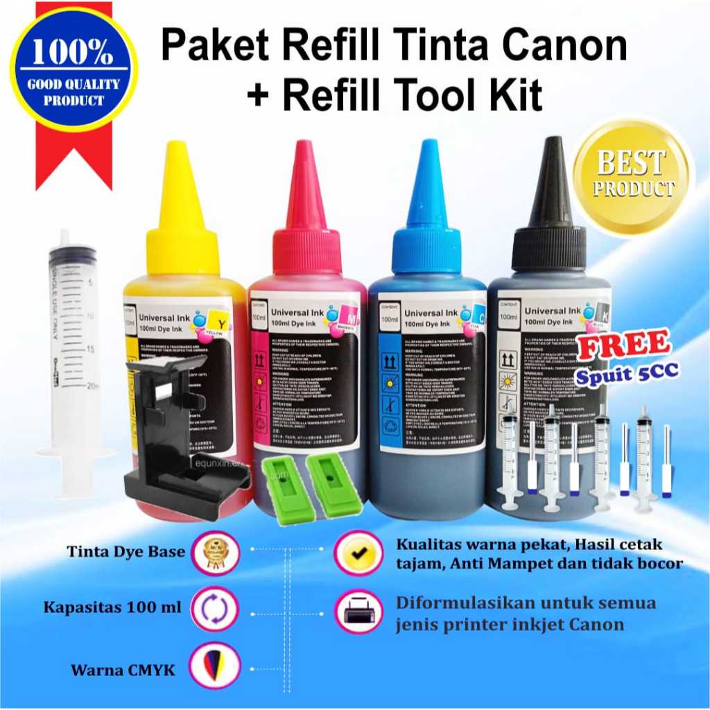 Paket Tinta Infus Printer 4 Warna 100ml Refill Canon IP2770 MG2570s MG2577s