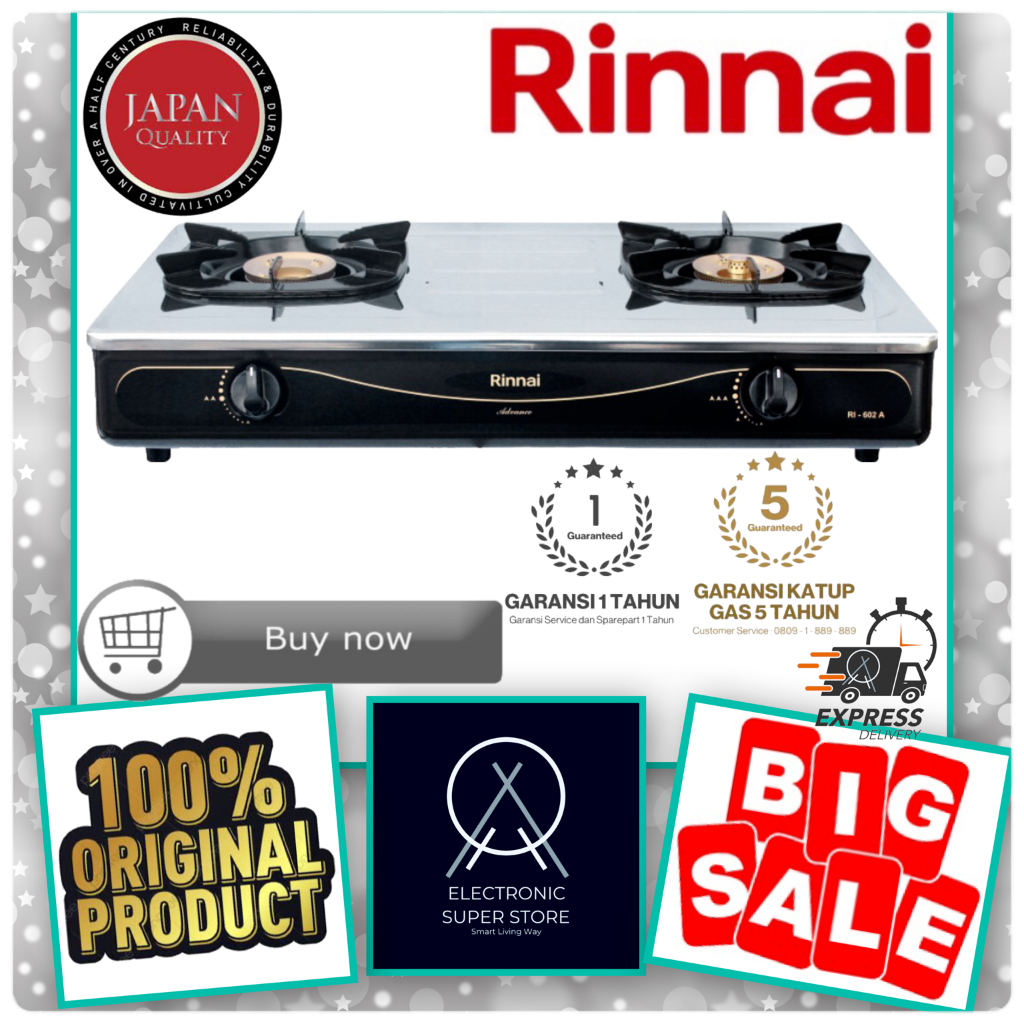 KOMPOR RINNAI RI602A RI-602A 602A KOMPOR 2 TUNGKU BIG FLAME STAINLESS STEEL RINNAI KOMPOR GAS
