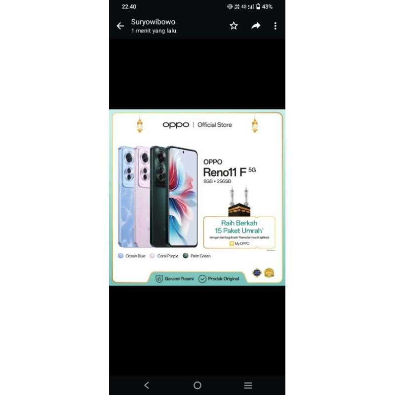 HP Oppo RENO 11F Ram 8/256 Jaringan 5G Baru segel Original