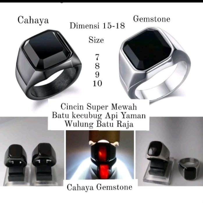 Cincin Kotak Hitam Yaman Kecubung Api | Batu Hitam Natural Batu Raja | Batu Akik