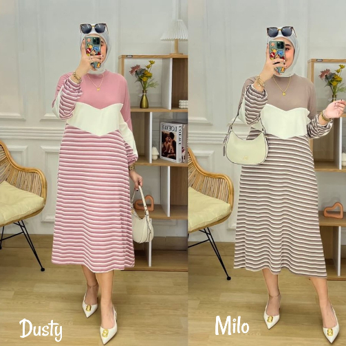 gamis mididress wanita kaos knit salur import terbaru