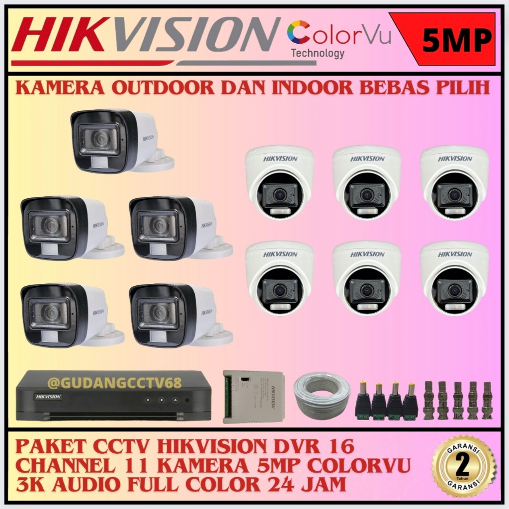 Paket CCTV HIKVISION 16 Channel 11 Camera HIKVISION 5MP Colorvu 3K Full Colour AUDIO SERIES Komplit