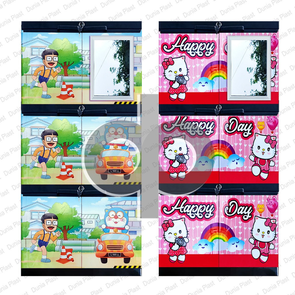 LEMARI PLASTIK 3 SUSUN TINGKAT RAK MINI PAKAIAN KABINET KARAKTER HELLO KITTY DORAEMON KACA CERMIN FU