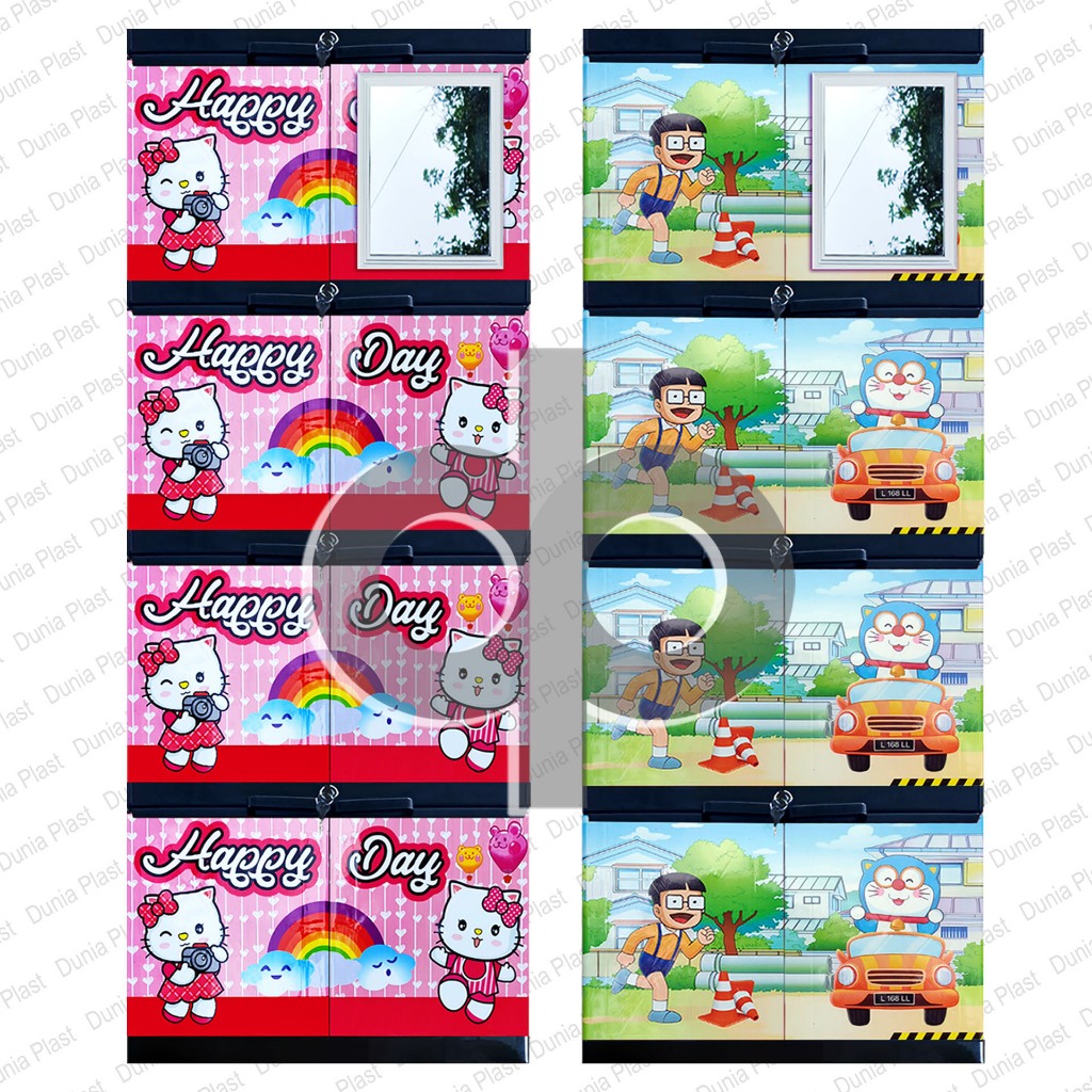 LEMARI PLASTIK 4 SUSUN TINGKAT RAK MINI PAKAIAN KABINET KARAKTER HELLO KITTY DORAEMON KACA CERMIN FU