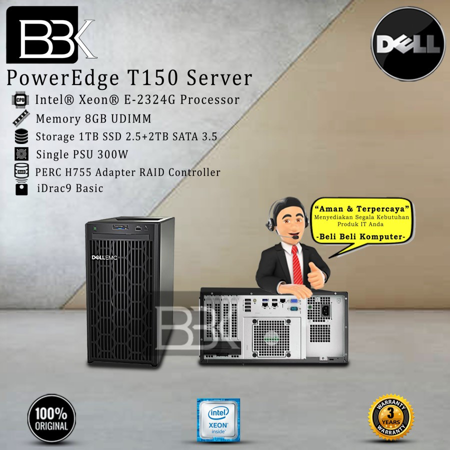 Server Dell PowerEdge T150 Intel Xeon E-2324G 8GB 2TB+1TB SSD 3YR