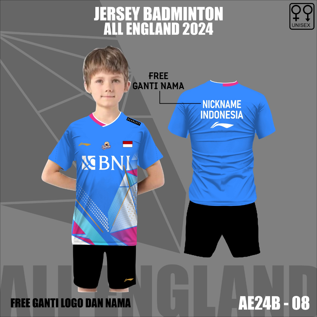 Setelan jersey anak kaos badminton all england 2024 baju lining bulu tangkis terbaru free custom