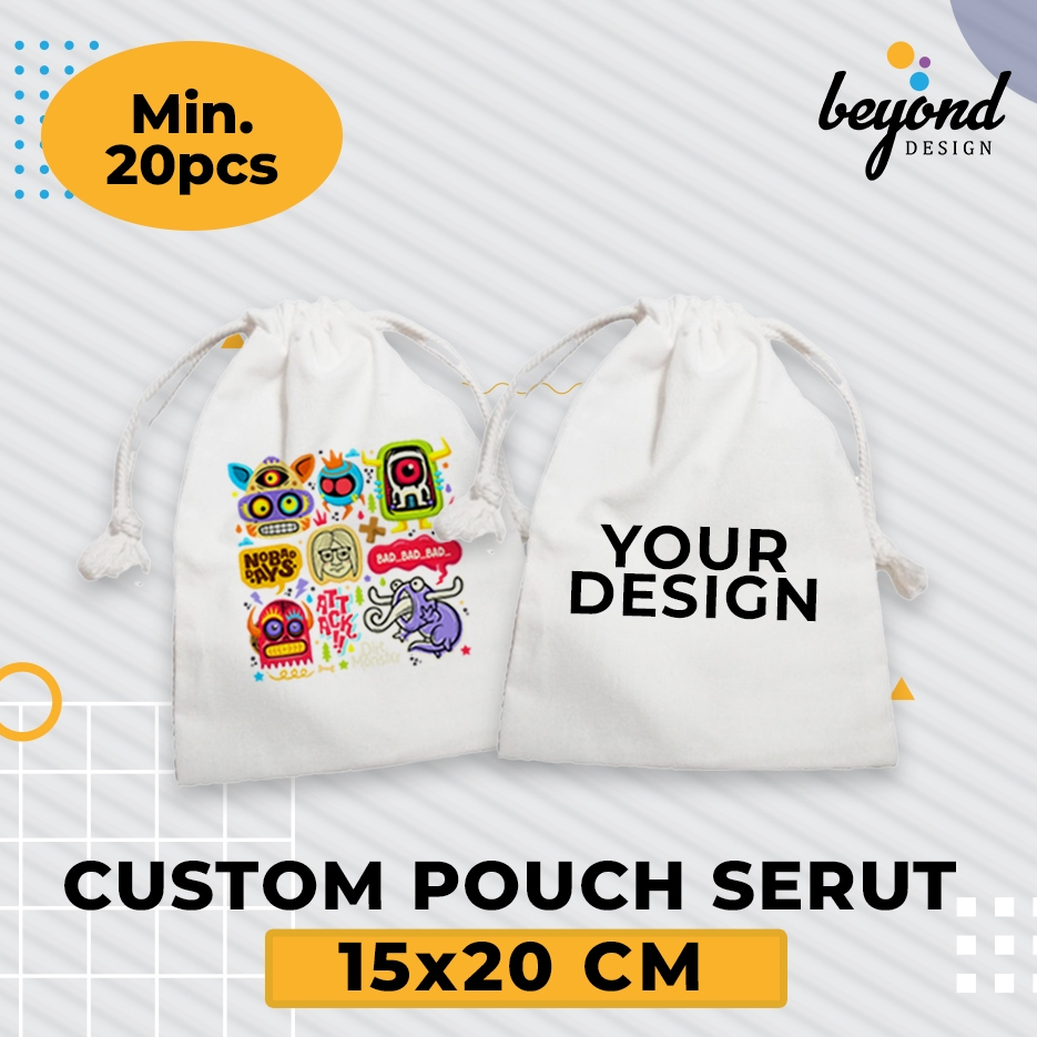 Pouch Serut Blacu Custom Logo/Gambar Souvenir Packaging uk 15x20cm