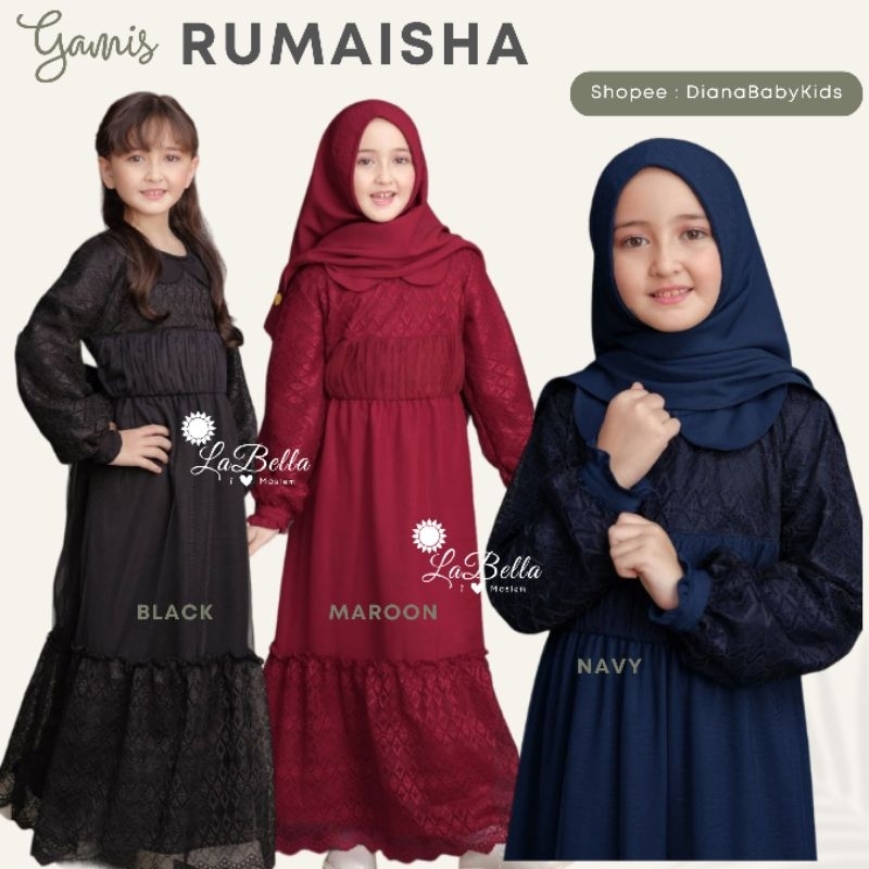 LABELLA Gamis Anak RUMAISHA Black Hitam Maroon Navy Premium Brokat Tutu Cantik