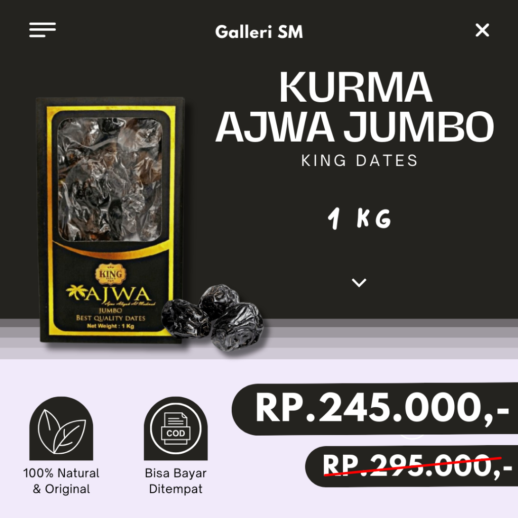 

Kurma Ajwa Jumbo King Dates 1 Kg Korma Azwa Al Madinah Kurma Nabi Medina Tamr Organik Arab