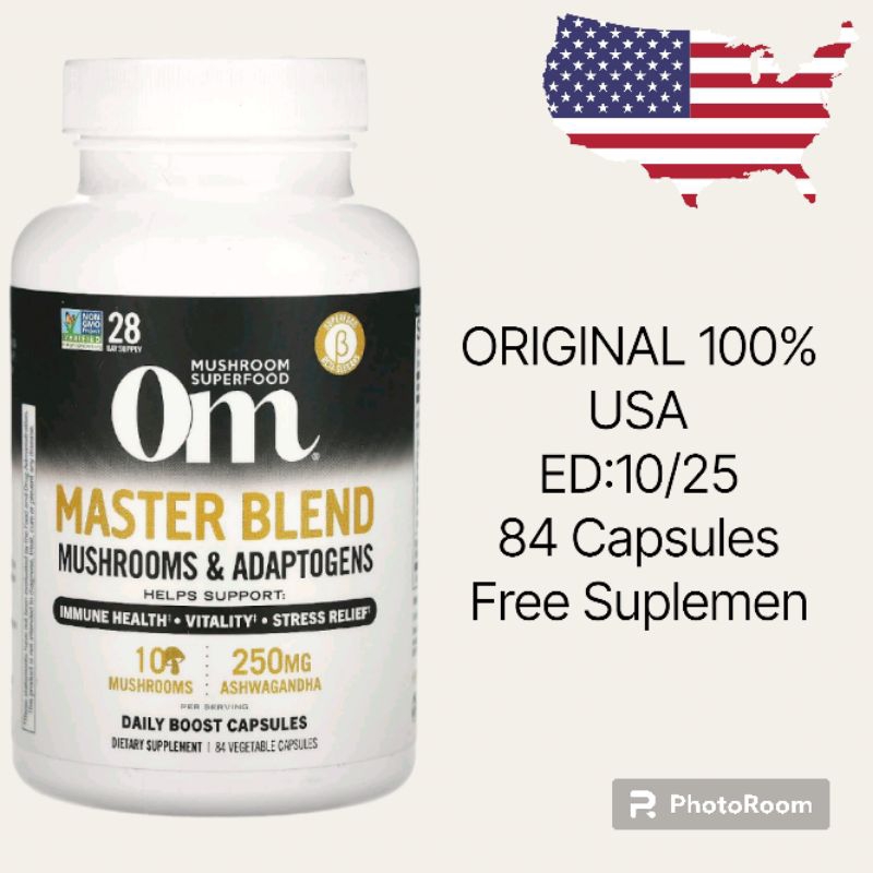 

Om Mushrooms Mushroom Superfood, Master Blend, 84 Vegetable Capsules PRE-ORDER USA