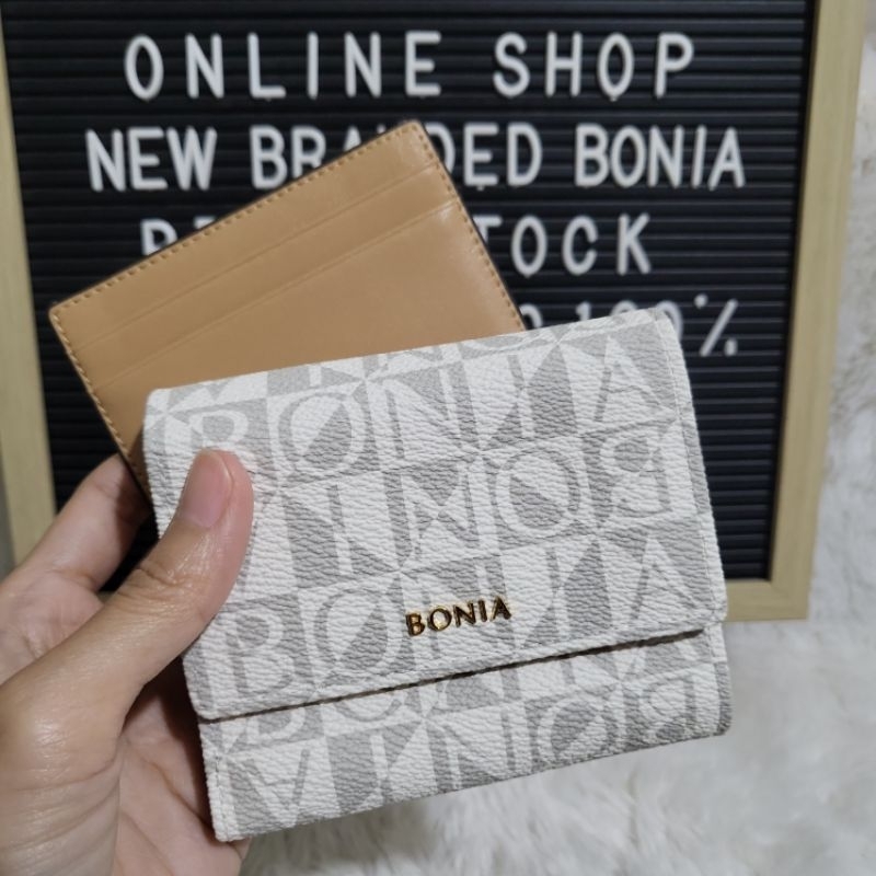 dompet bonia original wallet lipat 3 free card holder monogram putih coklat