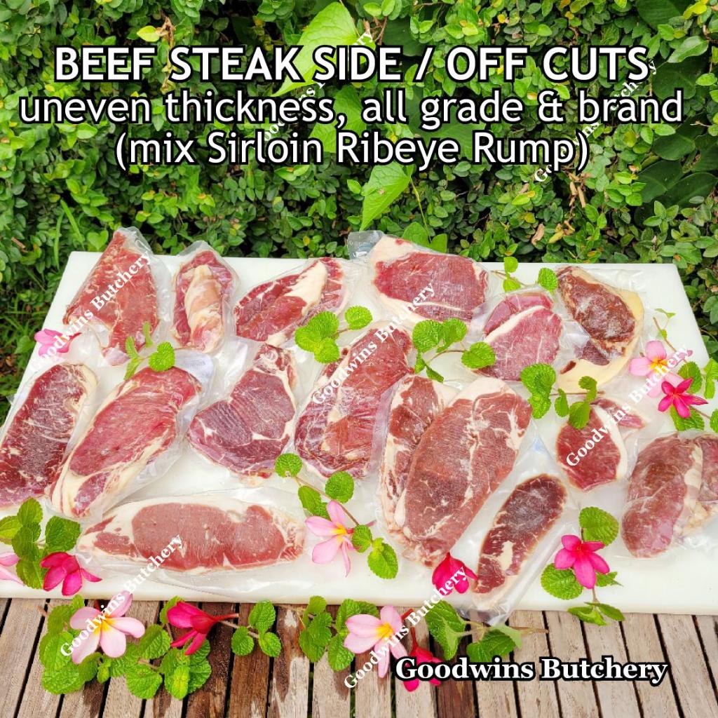 

500gr beef STEAK SIDE CUTS uneven thickness mix of sirloin ribeye rump (frozen, all grade & brand)