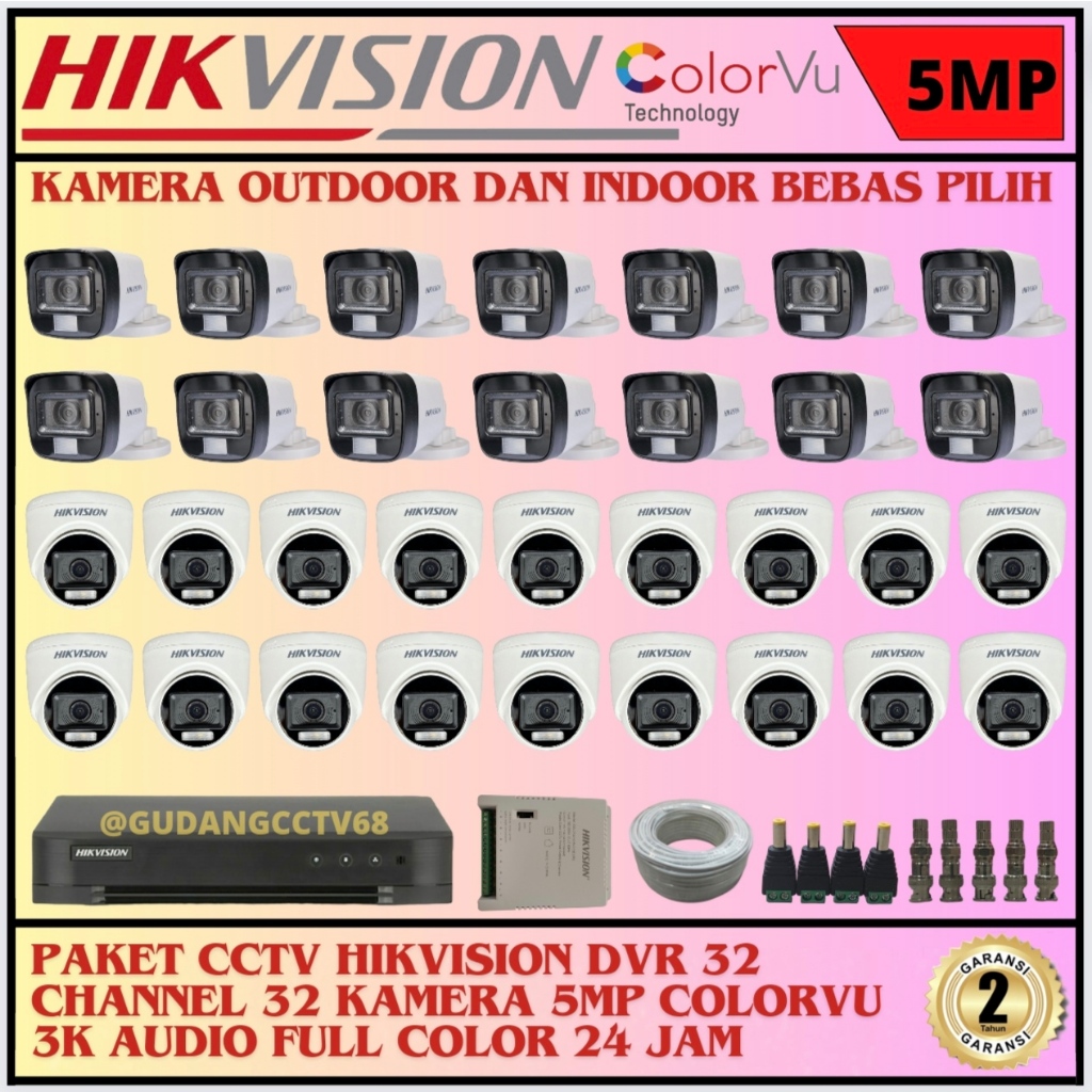 PAKET CCTV HIKVISION DVR 32 CHANNEL 32 KAMERA HIKVISION 5MP FULL COLOUR 3K COLORVU AUDIO SERIES