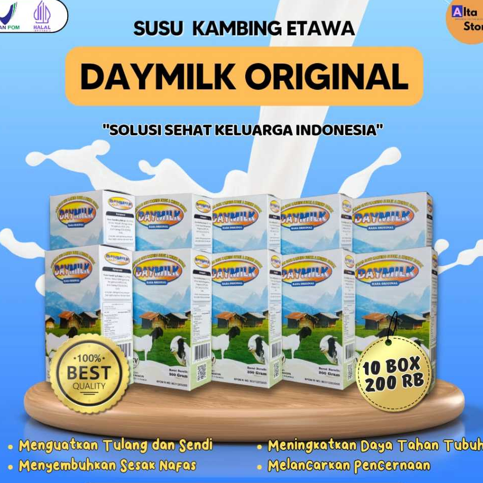 

PAKET 10 BOX-DAYMILK Rasa Original- Susu Kambing Etaawa Murni-Atasi Masalah Tulang dan Persendian- Sesak Nafas-200 gram-Halam BPOM- Surabaya