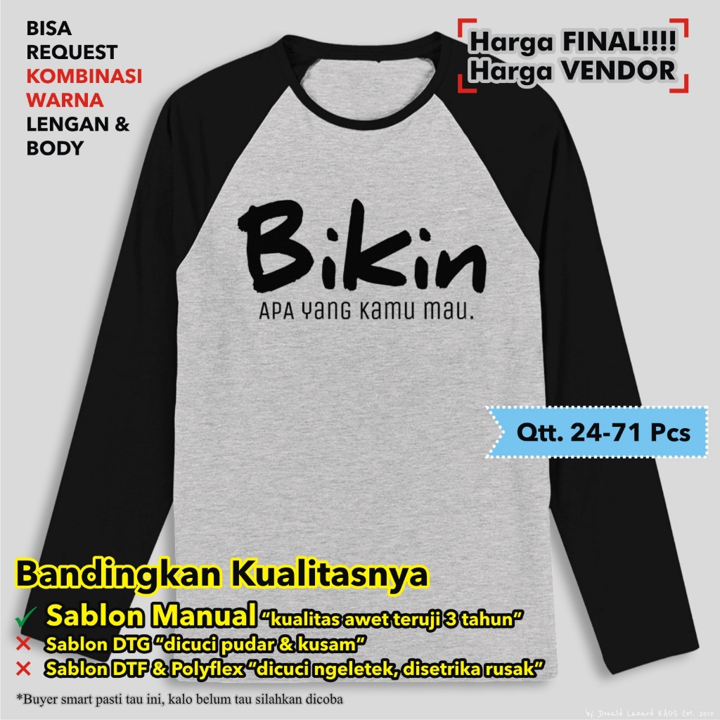 Sablon Custom Kaos Raglan Lengan 7/8 Panjang - Sablon Manual Rubber HQDL PLAST Lebih dari Plastisol 