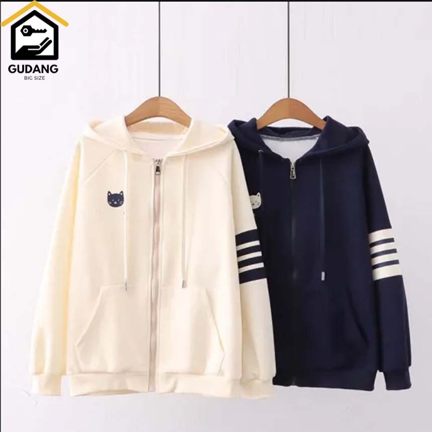 JAKET HOODIE PRIA POLOS STRIP NAVY CREAM HOODIE ZIPPER PRIA JUMBO