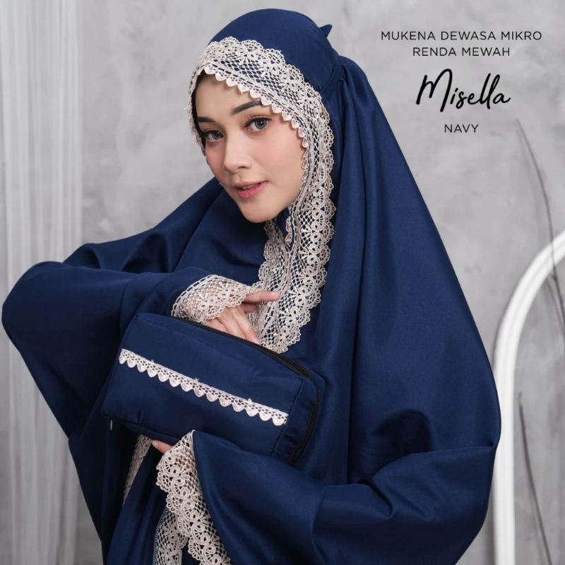 FAMUS - Mukena Misella Dewasa Renda Mewah 2in1 Resleting Polos Bahan Katun Mikro Hitam , Putih , Nav