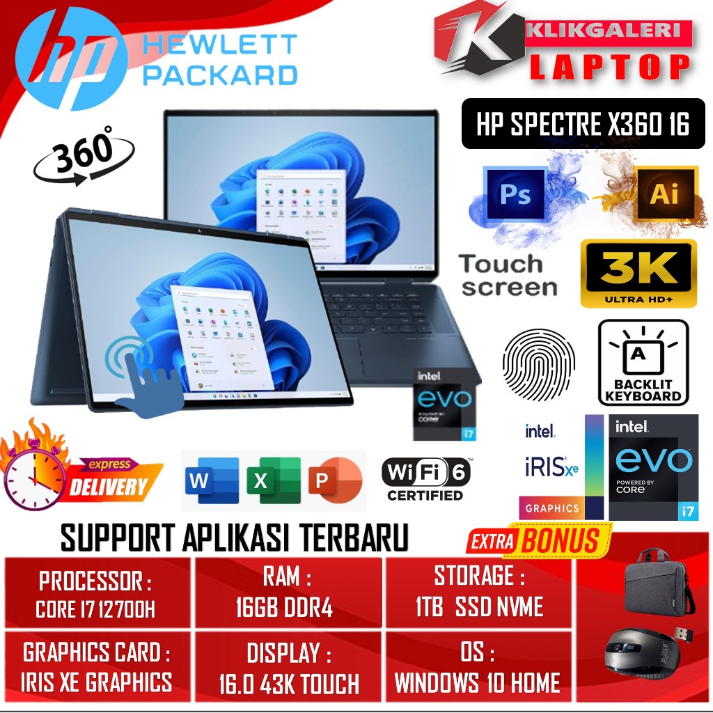 Laptop Flip Murah 2IN1 HP SPECTRE X360 16 INTEL I7 12700H 32GB 1TB SSD 16.0 3K TOUCHSCREEN Windows O