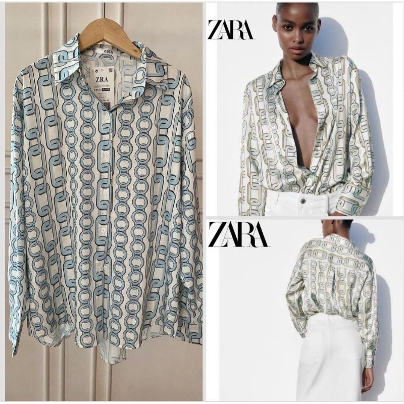 Kemeja Wanita Blouse Zr Motif Rantai Biru