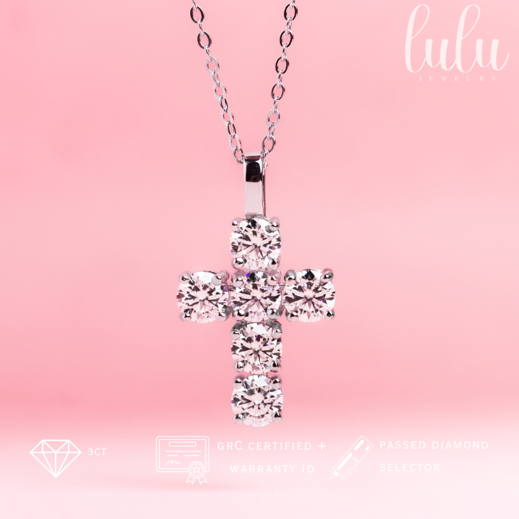 Lulu Moissanite Jewelry Cross Necklace 3CT Lapis Emas 18K Sertifikat GRA