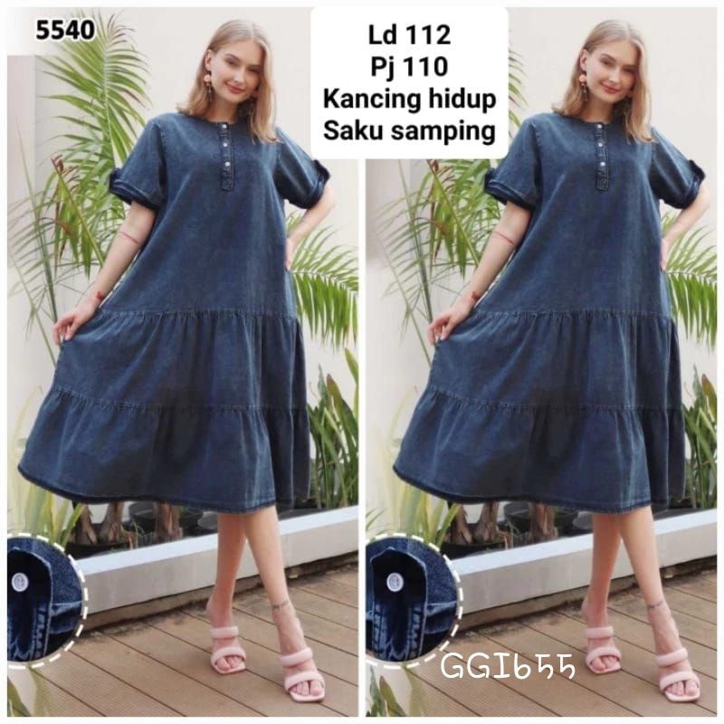 GGI655 Dress Wanita Jeans Denim Abu polos kancing midi LD112 pj110