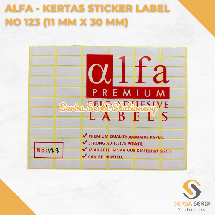 

GROSIR (1 PAK ISI 7 LEMBAR) ALFA - KERTAS STICKER / STIKER LABEL HARGA / NAMA / UNDANGAN NO 123 (11 MM X 30 MM)