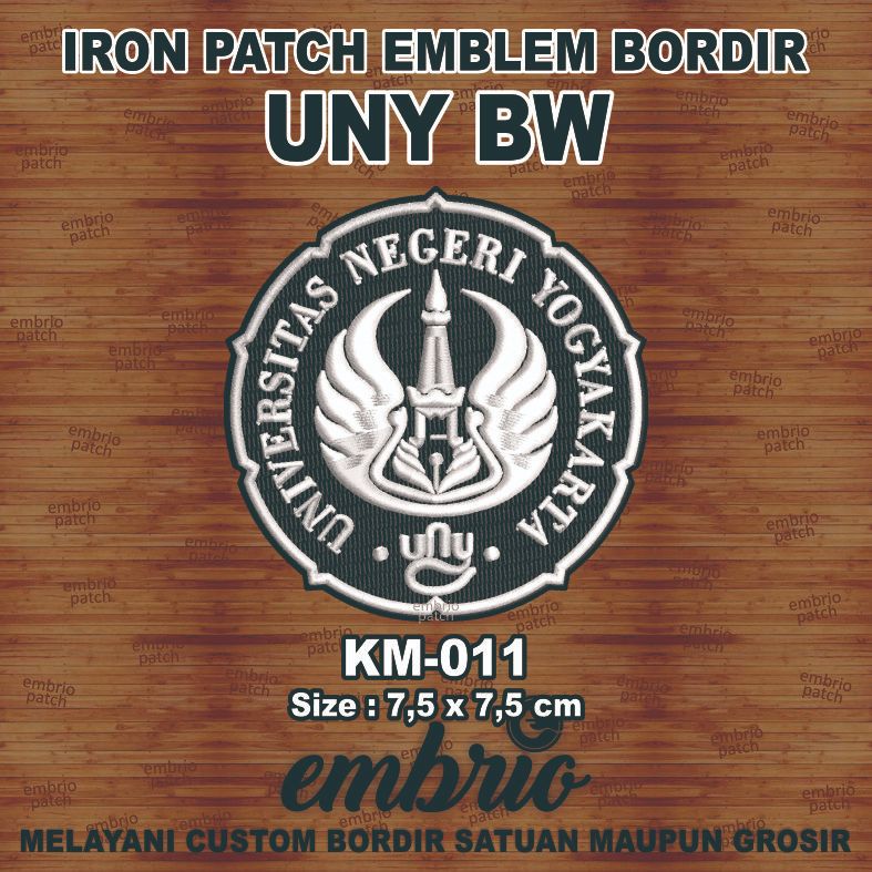 KM-011 Emblem bordir logo UNY patches Universitas Negeri Yogyakarta - BW Black White - 7,5cm - Embri