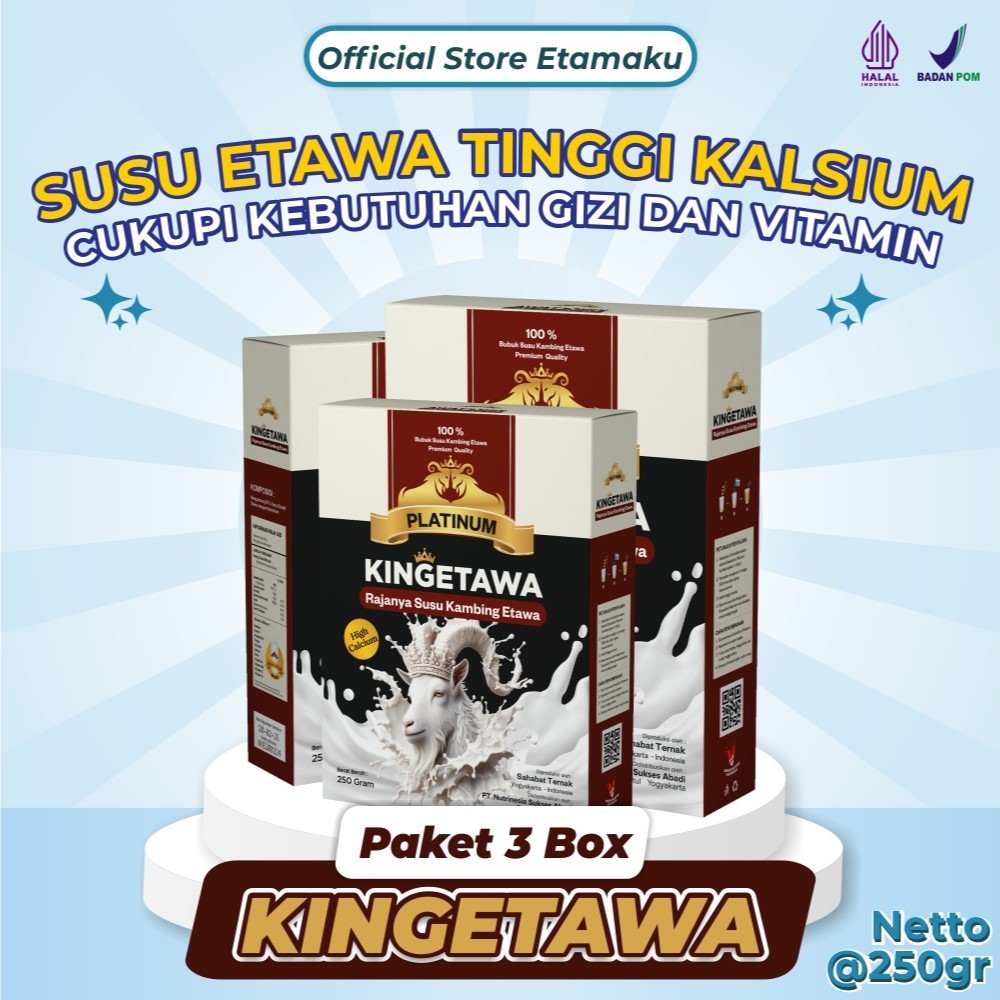 

Kingetawa Platinum Susu Kambing Etawa Premium Grade A Untuk Keluhan Sesak Nafas, Paru2, Ashma, Nyeri Sendi dan Rematik paket 3 Box 750gram