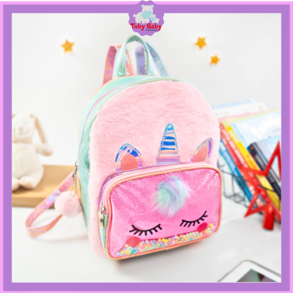 Tas Sekolah Ransel Besar Anak SD TK Remaja Perempuan Fashion Unicorn Sparkling Anti Air Bulu Impor K
