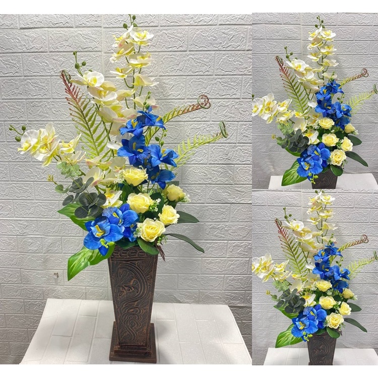 Bunga Meja Sudut Anggrek Catelya + Ros Super Pot Piala Kayu