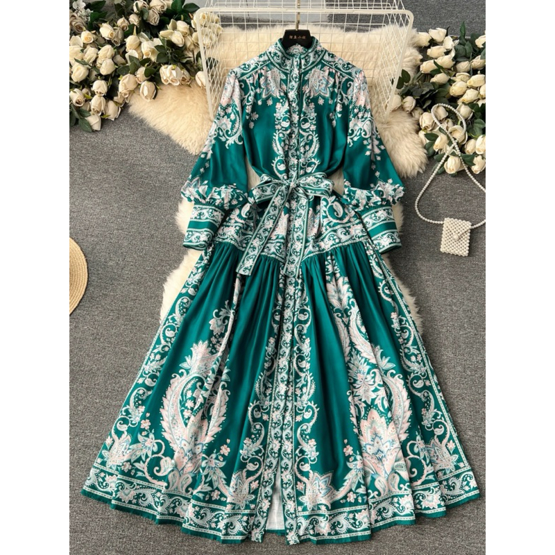 Dress Wanita korea long dress floral  hijau