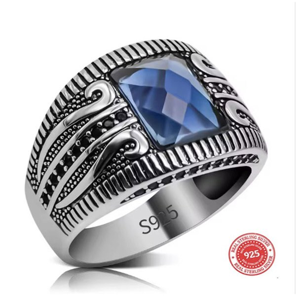 Cincin Pria Real Sterling Silver 925 Blue Purple Cubic Zirconia Disain Turkey