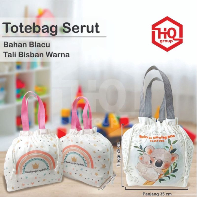 

TERLARIS TOTEBAG ULANGTAHUN/totebag serut/totebag souvenir/custom uk 35*27(lebar dalam 15cm)