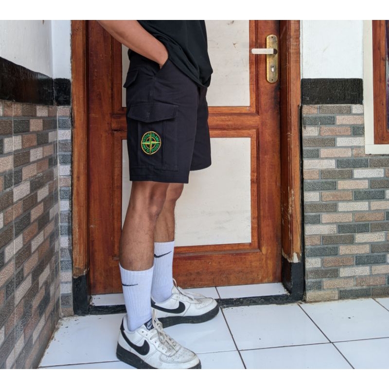 celana cargo pendek stone island casual pria wanita logo bordir bahan cotton twill