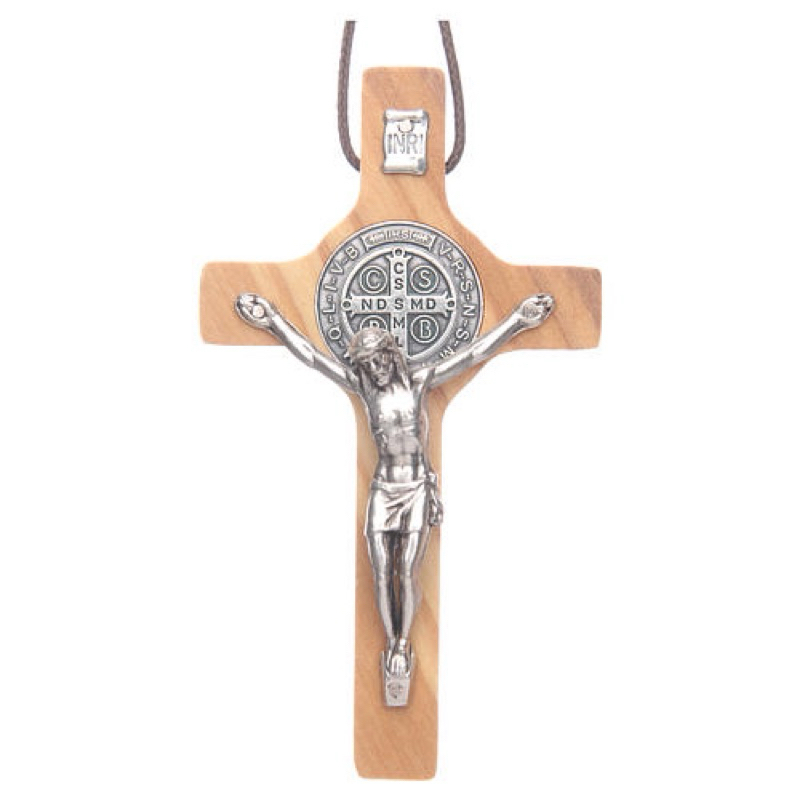 HOLYART ST. BENEDICT OLIVE WOOD CROSS PENDANT / PENDANT SALIB KAYU ZAITUN ST. BENEDICT 8 X 4 CM (MAD