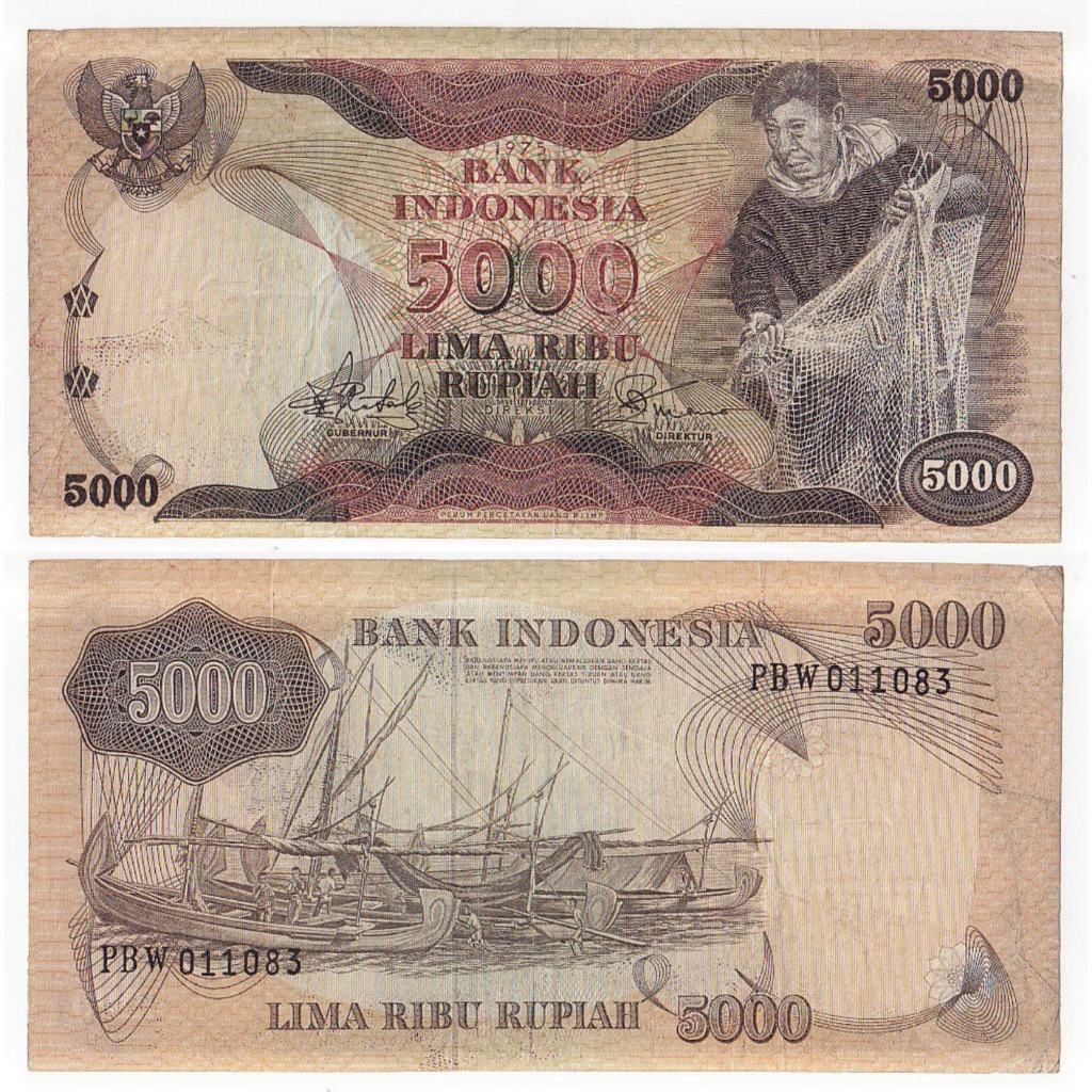 Uang kuno 5000 rupiah  tahun 1975 Nelayan Penjala Ikan (VF)